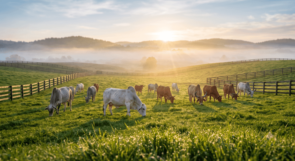 Lush green dairy farm at sunrise